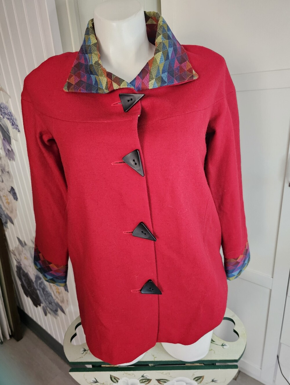 Anton's Creations Vtg Red Wool Coat Multicolor Geometric Artwear Jacket Lg 8-12?